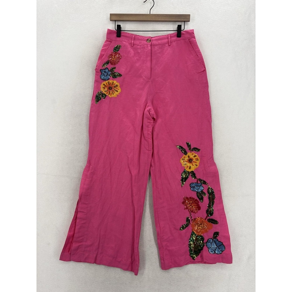 Boston Proper Floral Sequin Wide Leg Dress Pants Womens 10 Pink Linen Blend NWOT
